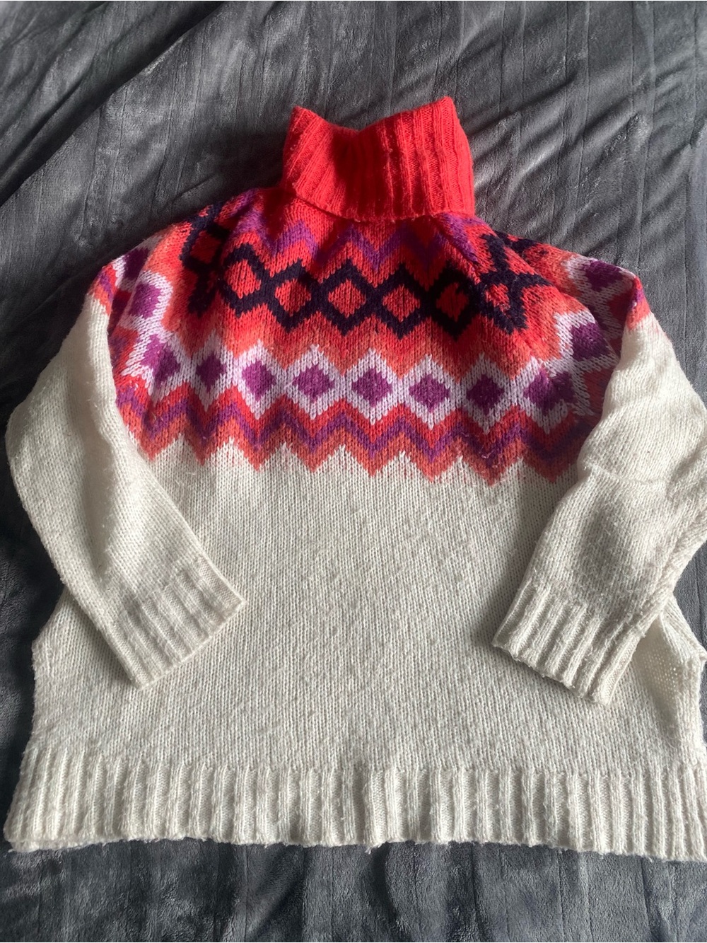 Aerie Cream Fair Isle Oversized Turtleneck Sweater with Red, Pink and Purple